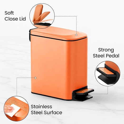 TIPGO Small Bathroom Trash Can with Lid, 1.6 Gal, Soft Close, Orange | Foot Pedal, Soft Quiet Lid, 5.9'' Slim for Narrow Space, Stainless Steel, Anti-fingerprint, Removable Inner Bucket, Odor Seal