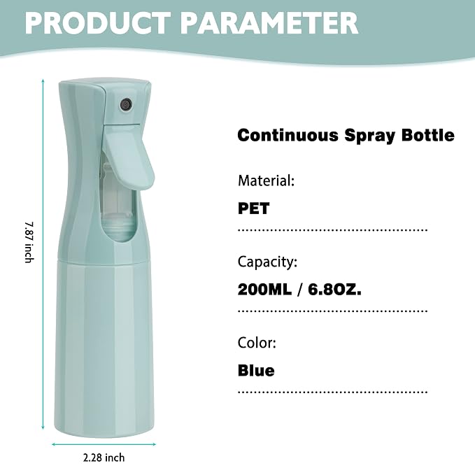 Spray Bottle for Hair (6.8OZ /200ML) Continuous Ultra Fine Mist Sprayer for Hair, Salons, Barber, Plants, Skin Care, Cleaning 2 Pack Blue