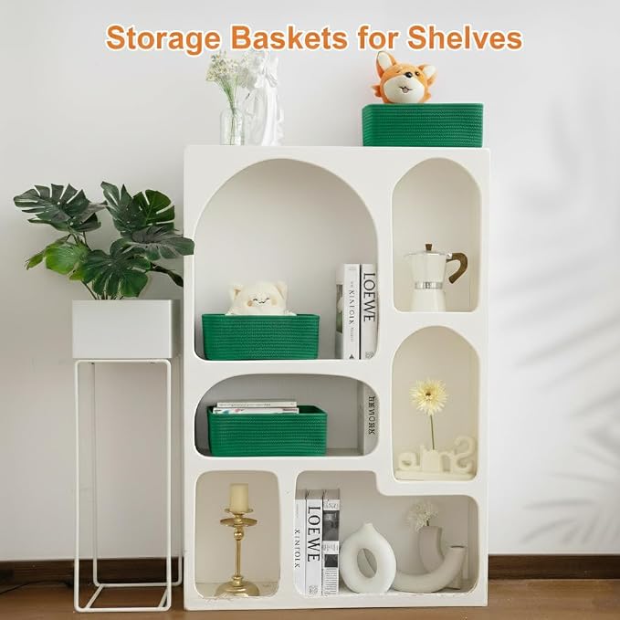 3Pack Small Woven Storage Baskets for Shelves Organizing | Cotton Rope Closet Organizer Bins, Basket for Gifts Empty, Nursery, Living room, Dog Toy Basket 13.2x8.2x5.2 in, Green
