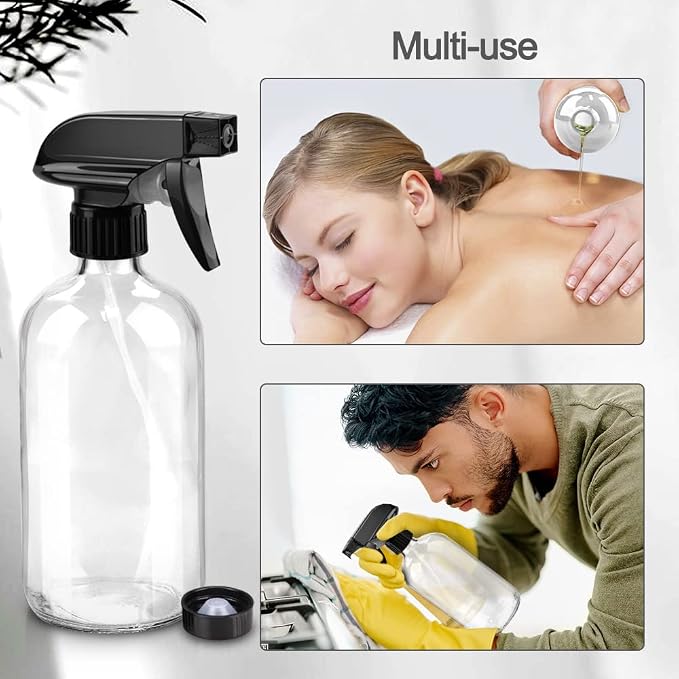 Glass Spray Bottles for Cleaning - 16 oz Refillable Spray Bottles for Hair | Clear Glass, Adjustable Nozzle, Refillable Container, Leak-proof, Spray Bottles for Hair, Cleaning Solutions, Plants, 1 Pack