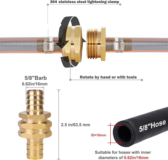 Solid Brass Garden Hose Repair Connector with Clamps Hose End Repair Kit,Fit for Male and Female Hose Fittings (5/8"-3 Set)