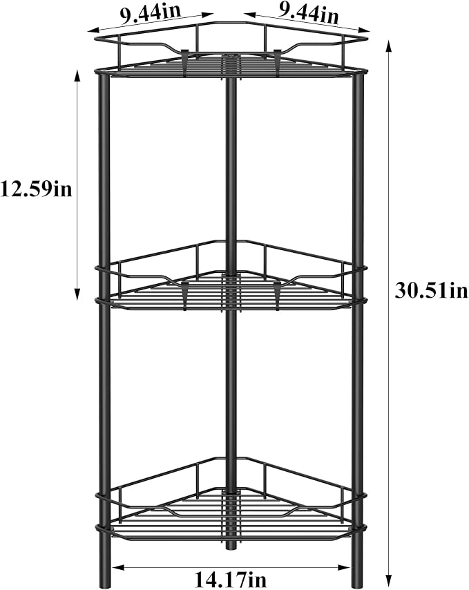 HuggieGems Metal Floor Standing Corner Shower Caddy, Matt Black, 3 Tier | Adhesive Bathroom Organizer Shelves, Free Standing Shower Rack with Hooks, Hold Large Shampoo Bottles