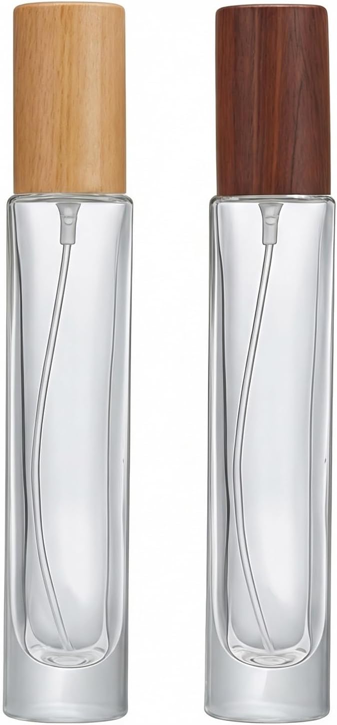 2 Pack 15ml 0.5oz Refillable Glass Spray Perfume Bottles Dispenser with Fine Mist Sprayer & Wooden Lid-Travel & Home Fragrance Containers for Cologne Essential Oils Cosmetic Liquids