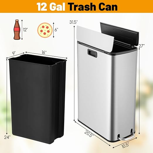 Goplus 12 Gallon Stainless Steel Trash Can, Kitchen Waste Bin with Soft-Closing Wing Lids & Removable Inner Bucket, Slim Step Garbage Can for Living Room Home Office, Silver