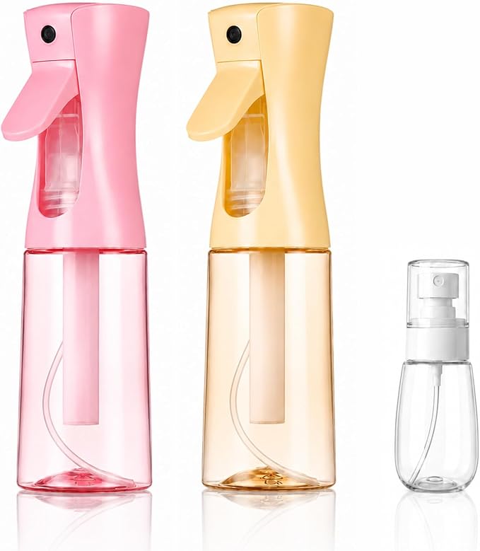 3 Pack Spray Bottles, Continuous Mist Sprayer, Water Spray Bottle for Hair, Hair Mister, 200ml x2 + 30ml Refillable Fine Mist Set - for Styling, Plants, Cleaning & Home Use (Pink & Yellow)