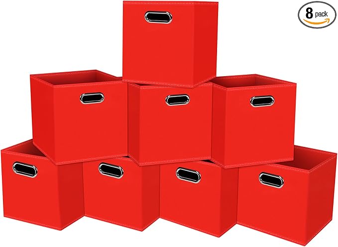 STOREONE Fabric Storage Bins Cubes Baskets Containers-(11X11X11) with Dual Handles for Shelf Closet, Nursery Home ， Bedroom Organizers, Foldable Set of 8 (Red)