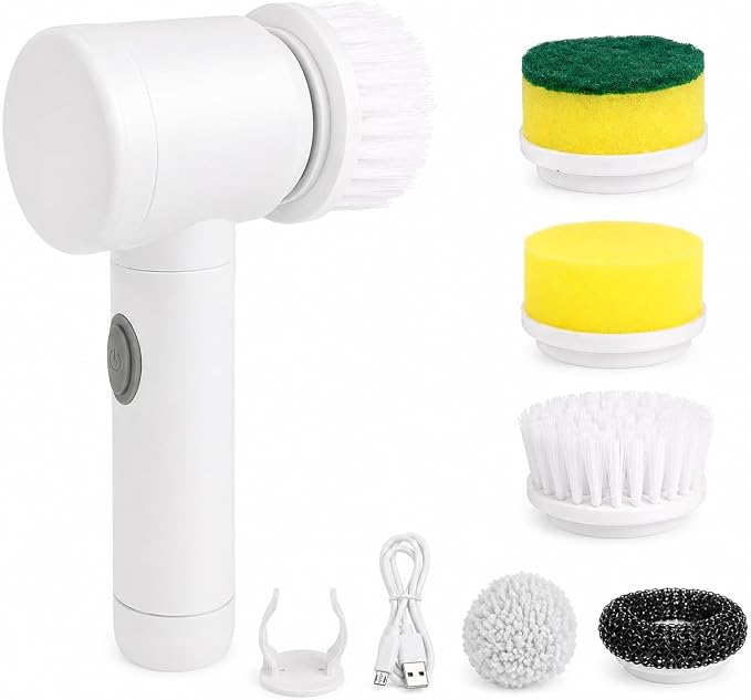 Electric Spin Scrubber - Cordless IPX7 Waterproof Shower Scrubber with 2 Speed Settings and 6 Replaceable Heads，Electric Cleaning Brush for Bathroom，Kitchen and Windows