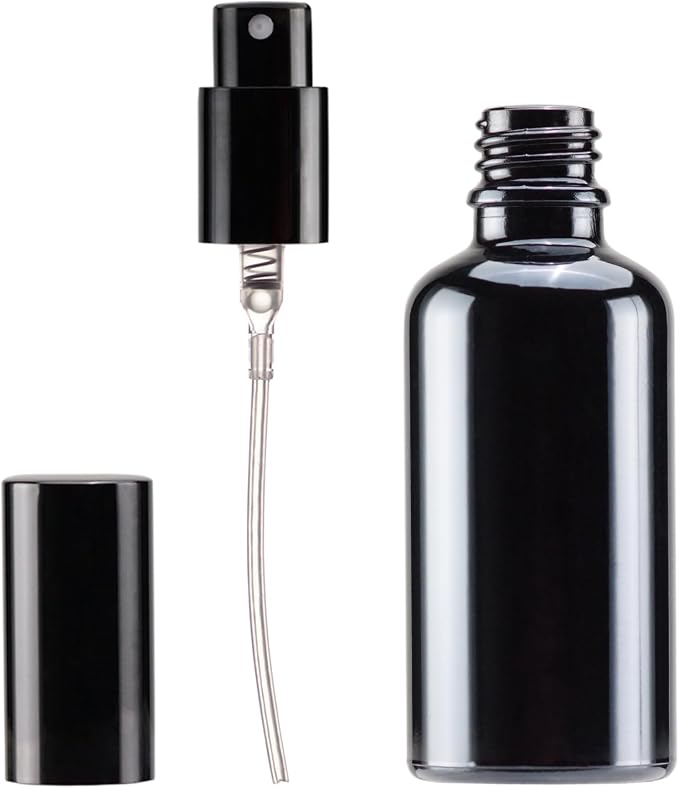 YIZHAO Black Glass Spray Bottles 2oz, with Small Fine Mist Spray, Metal Cap, Refillable for Essential Oil,Travel,Cleaning,Perfume,Aromatherapy,Makeup – 12 Pcs
