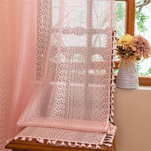 Sutuo Home Lace Sheer Boho Curtains for Bedroom Dining Room, Soft Plush Pink Bohemian Crochet Tassels Farmhouse Window Curtains Drapes Vintage Chic Decor, Rod Pocket 1 Panel 59" W x 96" L, Light Pink