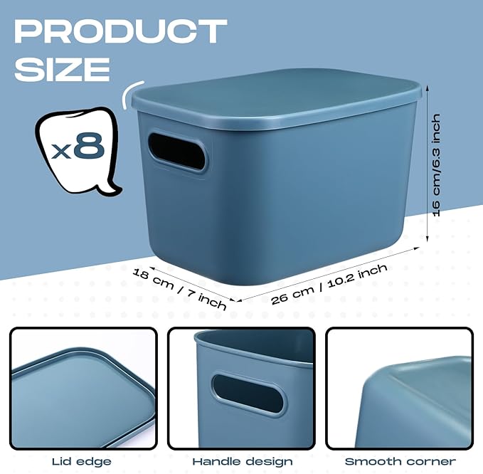 Hoolerry 8 Pack Storage Bins, 16.1 X 12.0 X 9.7 Inch Blue | Plastic Stackable Containers with Lid Handle, For Shelves Desktop Playroom Office, Organizing Toys Books Supplies Storage