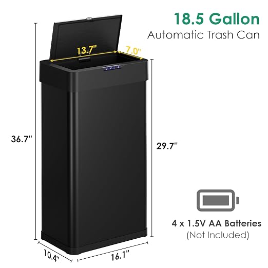 Arlopu Automatic Trash Can, Sensor Motion Stainless Steel Garbage Bin | Touchless Smart Waste Bin, W/Stay-Open, Soft Close Lid, Display Light for Kithchen, Living Room, Office (Black, 18.5gal)
