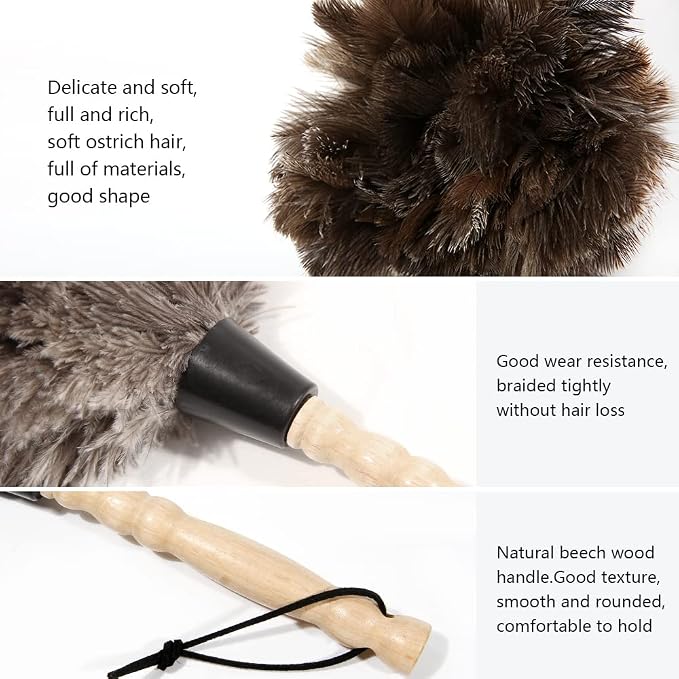 Ostrich Feather Duster 14 inch Feather Duster Fluffy Natural Genuine Ostrich Feathers with Wooden Handle and Eco-Friendly Reusable Handheld Ostrich Feather Duster for Cleaning Supplies