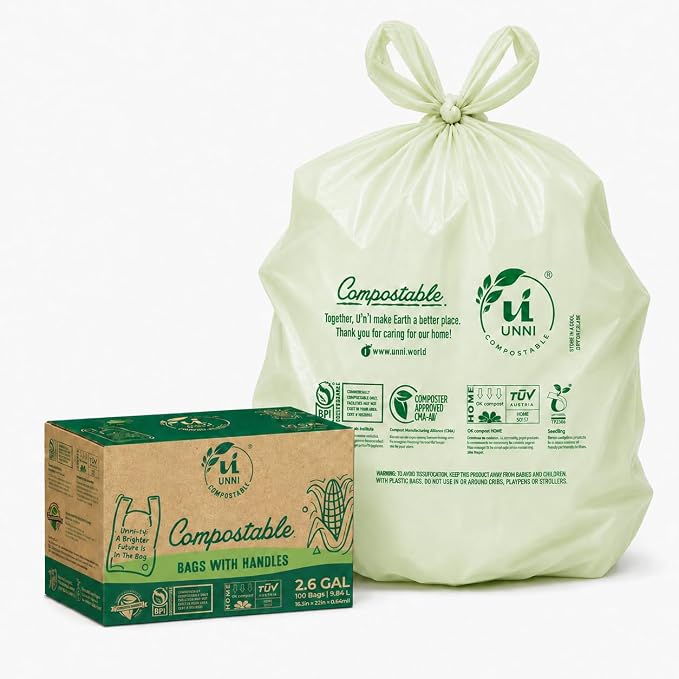 UNNI 2.6 Gallon Compostable Bags with Easy-Tie Handles, 10 Liter, 200 Count | Small Compost Bags for Countertop Bins & Kitchen Food Scraps, 2 Packs of 100, Certified by BPI, CMA & OK compost HOME