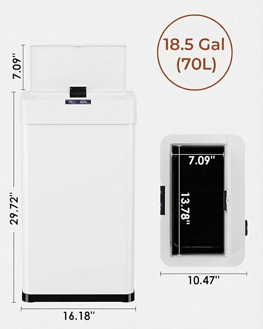 TLSUNNY 18.5 Gallon Motion Sensor Trash Can,Touchless Automatic Garbage Can | Brushed Stainless Steel Smart Bin ,with Bag Holder,Soft Close Lid,for Kitchen,Office,RV,Bedroom,Living Room (White, 70L)