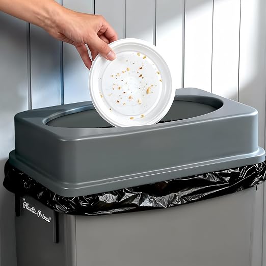 PLASTIC PRINCE 23 Gallon Slim Trash Can with Swing Lid Commercial Gray Rectangular Garbage Can with Drop Shot Lid Waste Bin with Double Flip Top for Restaurant Home Kitchen Office