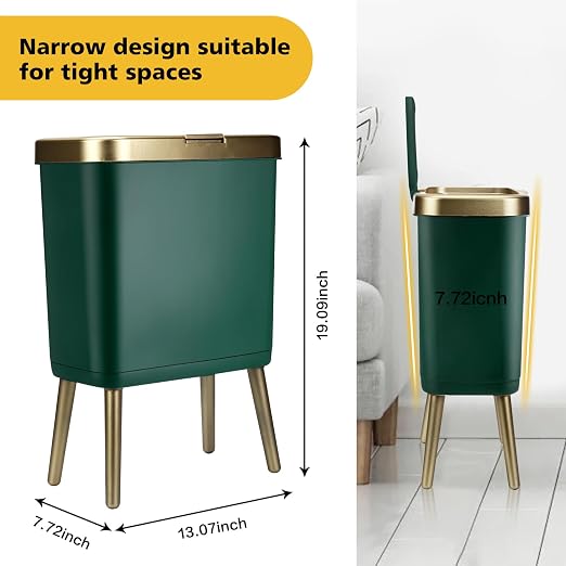 Office Trash Can with Lid, Bathroom Garbage can,4 Gallon Small Kitchen Trash Can with Gold Edge,Modern Green Trash Bin Waste Basket for Bedroom,Living Room, Toilet