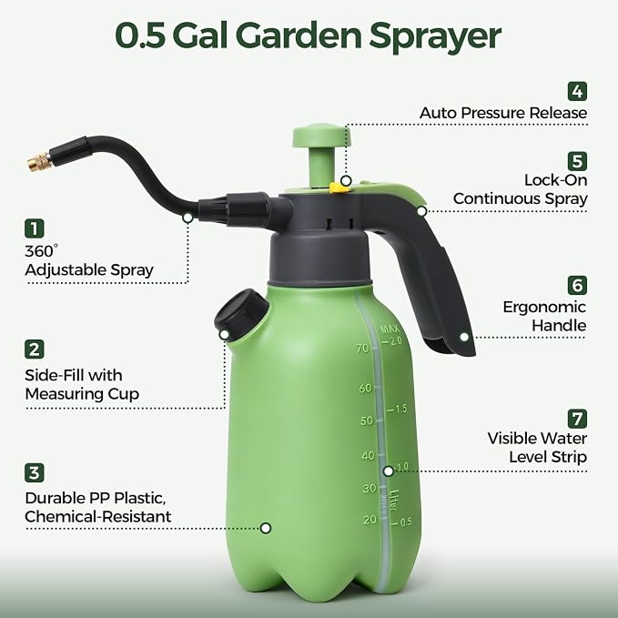 T4U Pump Sprayer 0.5 Gallon, Garden Spray Bottle with Flex Wand | Flexible long-reach nozzle for hanging baskets and hard-to-reach plants; hand pump for lawn care, cleaning and car detailing