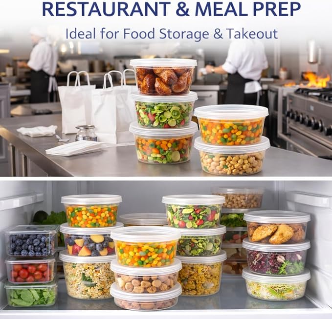 16 oz [24-Pack] Microwavable Plastic Deli Food Storage Containers with Lids | BPA Free, leak-resistant, stackable and freezer-safe design helps keep food fresh and secure
