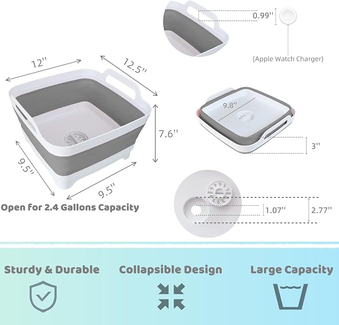 GIMWA Collapsible Wash Basin with Drain Plug - 2.4 Gallon Foldable Kitchen Sink for Baby Bottles, RV Camping, Space-Saving Dish Tub (Gray) | 2.4 Gal, Collapsible Dish Basin, Drain Plug, Kitchen Sink, Camping, RV, Space-Saving, Narrow Sink, Apartment, B...