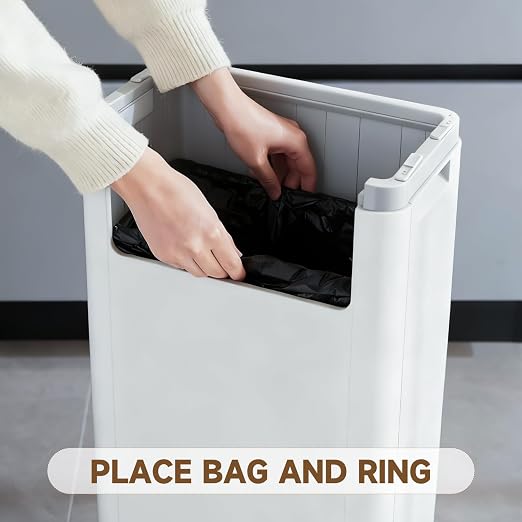 Tall Bathroom Trash Can with Lid, Skinny Commercial Trash Bin with Handle, Space Saving 8 Gallon Plastic Garbage Can with Press Top Lid, White Trashcans for Kitchens, Office, Living Room, Dorm