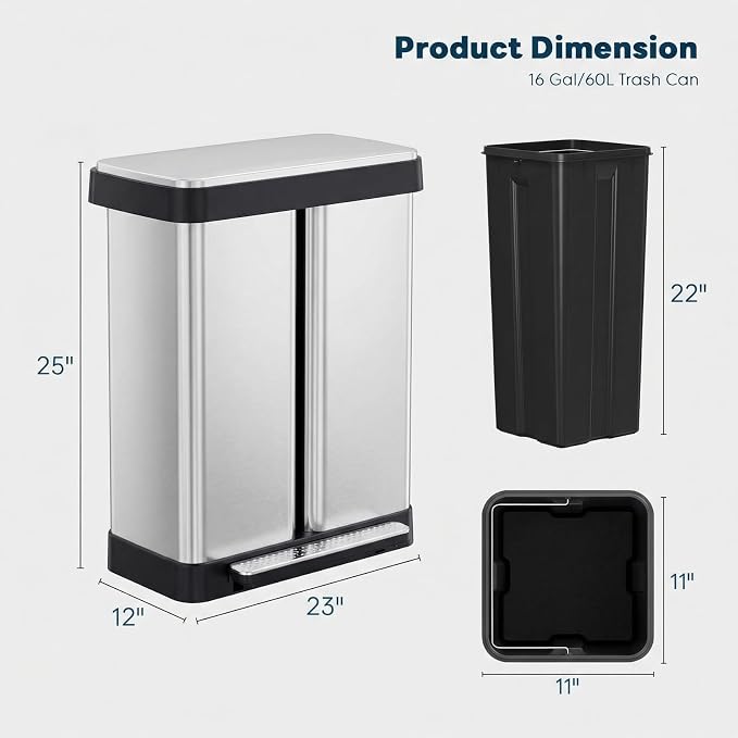 ComfyCorner 16 Gallon Dual Compartment Trash Can, Step-On Garbage Bin | Stainless Steel Hands-Free Recycling Rectangular Dustbin with Soft-close Lid, Removable Inner Buckets, for Kitchen Home