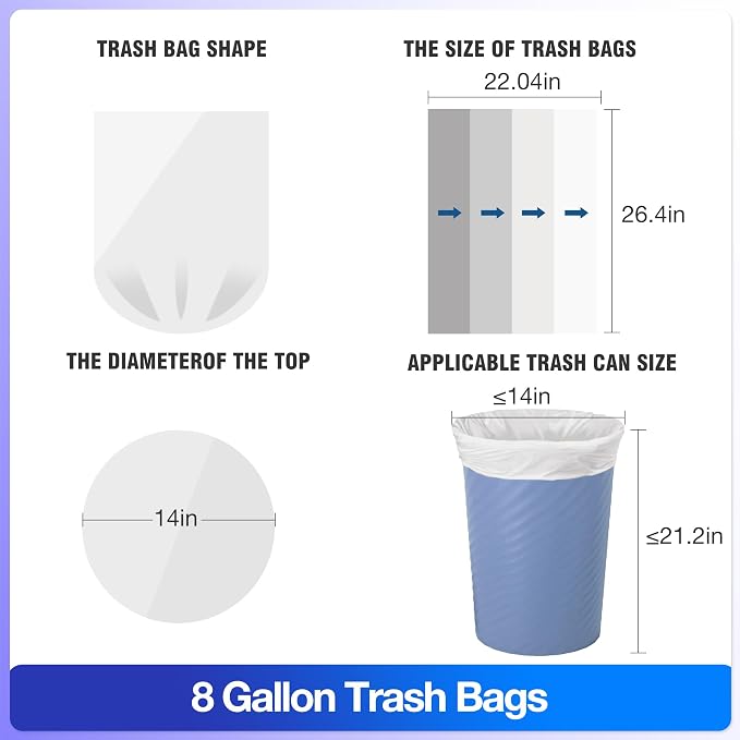 Charmount 8 Gallon Trash Bags, 110 Count Medium Garbage Bags | Trash Can Liners for Bathroom Kitchen Office, Clear, Unscented