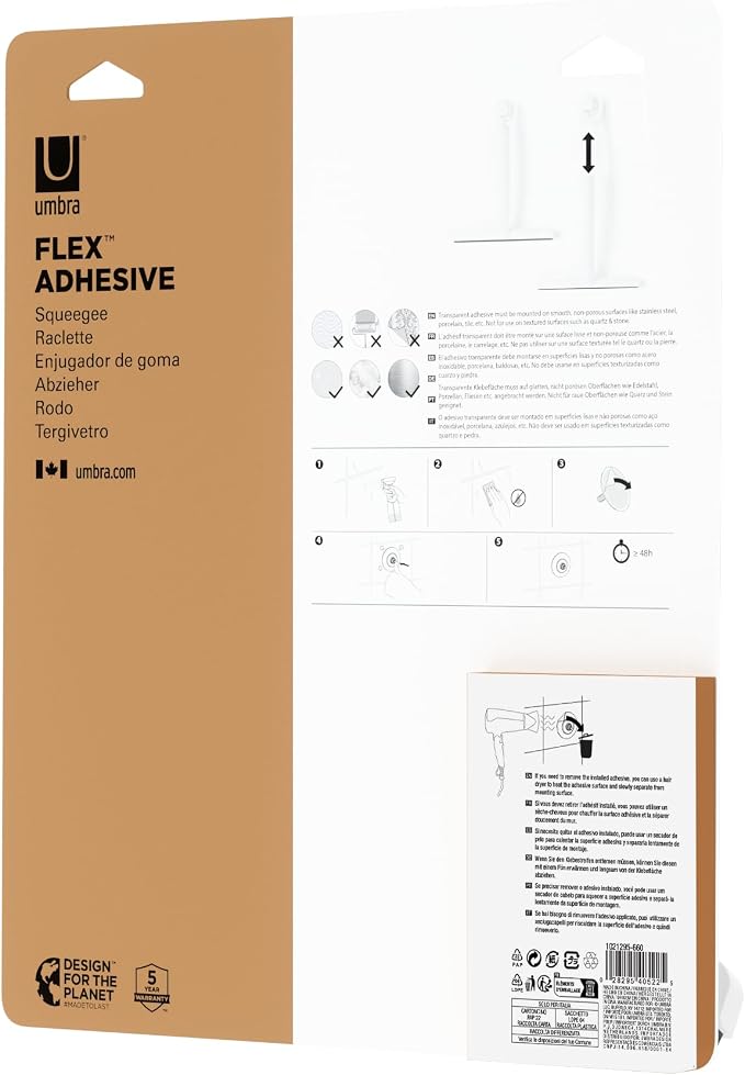 Umbra Flex Adhesive Shower Squeegee, Extendable Handle, 16-Inch, White | Rust-proof silicone blade, non-damaging wall installation, fits tiles and drywall, streak-free results, recycled plastic