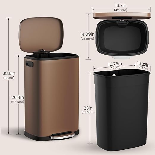 ELPHECO Kitchen Trash Can with Lid 13 Gal Stainless Steel Pedal Garbage Can | Soft Close Lid, Pedal, Heavy-Duty Fingerprint Proof Step Wastebasket with 20 Bags, Removable Bucket, Home Office, Brown