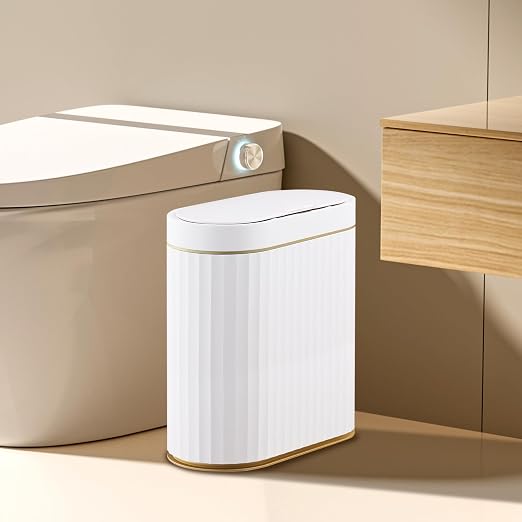 Bathroom Trash Can with lid 2.5 Gallon Motion Sensor White and Golden | Slim Wastebasket, Automatic Trash Bin Bathroom Decor for Bedroom and Office