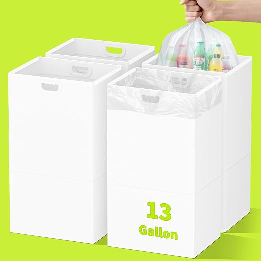 Kaiferty 13 Gallon Disposable Trash Cans for Parties, 4 Pack Extra Large Collapsible Pop Up Trash Can with Handles, Portable Cardboard Garbage Can & Recycling Bin for Party Kitchen Camping, White