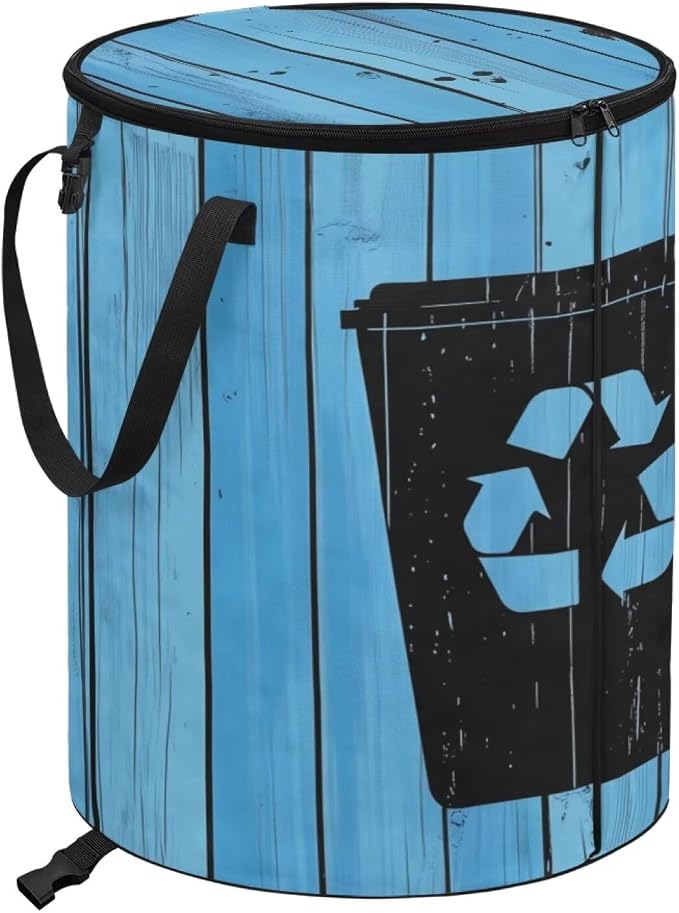 Collapsible Trash Can for Lawn and Yard Garden Leaf Bin, 24 Gallon Large Capacity Foldable Waster Bag with Lid and Handles Blue Recycle Sign Print