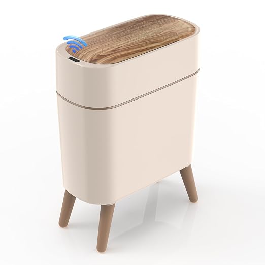 suyika Automatic Trash Can, 2.6 Gallon/10L, Wood Grain Lid and Legs | Bathroom Trash Can with Lid, Touchless, Waterproof Garbage Bin, For Bedroom, Bathroom, Office, Living Room