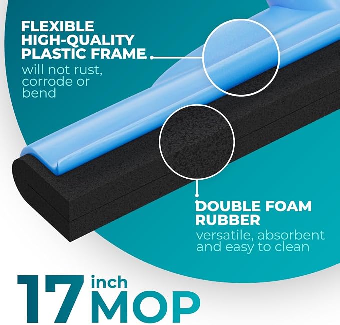 HeloMor 2 Pack 17” Floor Squeegee Broom Scrubbing Brush with Telescopic Long Handle for Garage, Patio, Deck, Tile and Shower | 62" Large Floor Squeegee for Concrete Floor | Shower Telescopic Squeegee