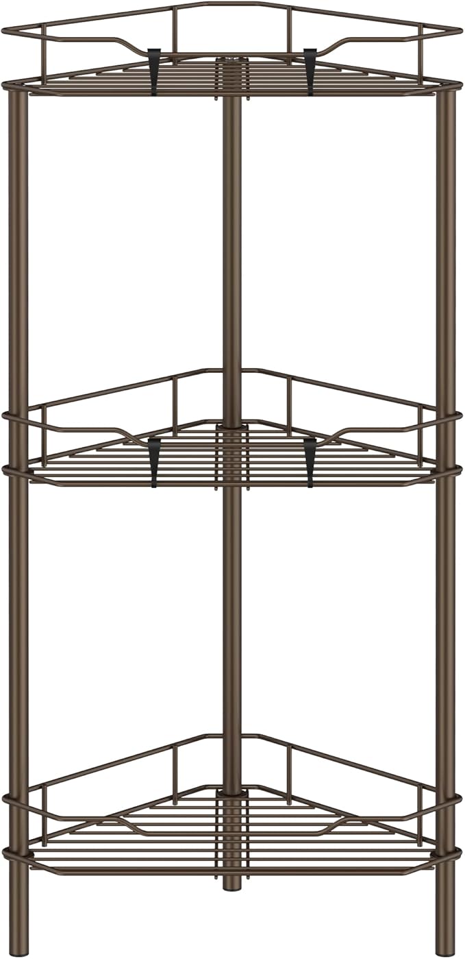 HuggieGems Metal Floor Standing Corner Shower Caddy, Bronze, 3 Tier | Adhesive Bathroom Organizer Shelves, Free Standing Shower Rack with Hooks, Hold Large Shampoo Bottles