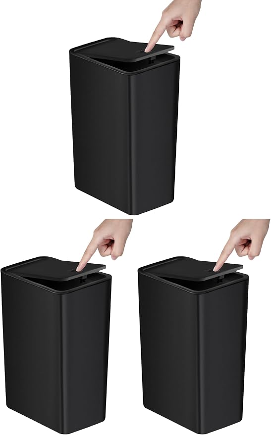 TIPGO Bathroom Trash Can with Lid, 10 Liter/ 2.6 Gallon Slim Garbage Can, Small Trash Bin Waste Basket with Pop-Up Lid for Kitchen, Bedroom, Living Room, Office (Black) (Pack of 3)