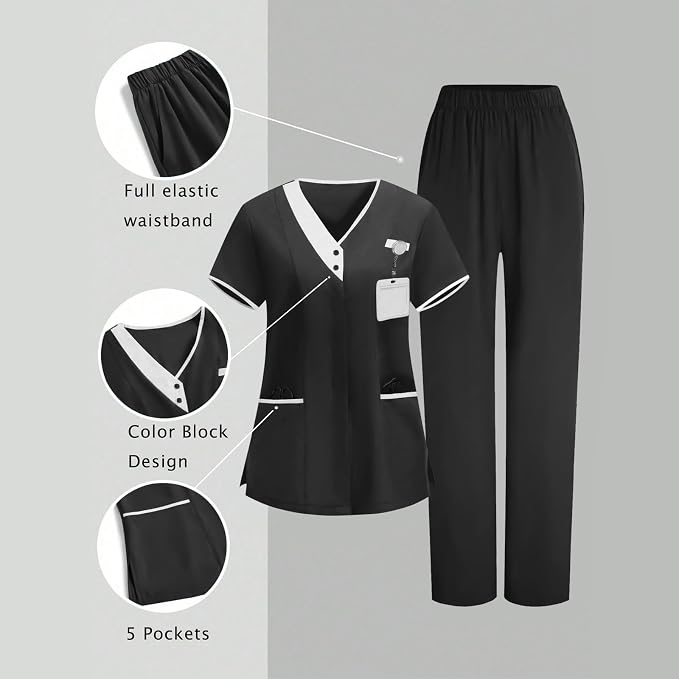 2026 Housekeeping Uniform Cleaning Uniforms - Button V Neck Top & Pants with Multi Pockets - Scrubs for Women