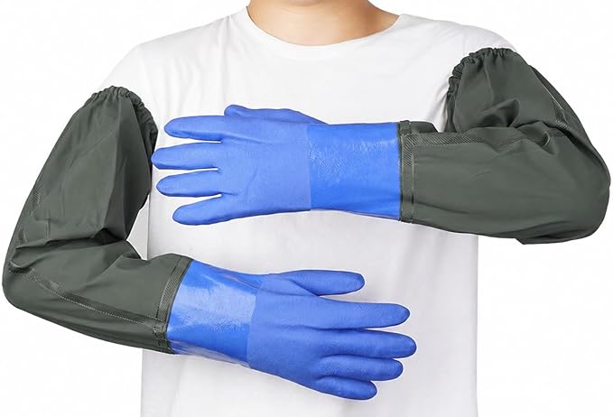 28 Inch Long Rubber Gloves, Heavy-Duty Waterproof PVC Work Gloves with Cotton Lining and Elastic Cuffs, Extended Arm Protection for Pond, Aquarium, Cleaning and Industrial Use, Blue, Large