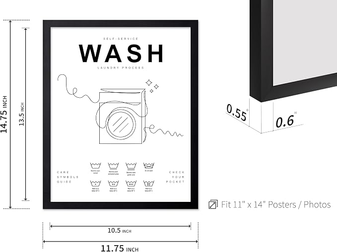 Poster Master 3-Piece Wash Dry Fold Print - Laundry Poster - Line Drawing Art - Black & White Design - Symbols & Guide Art - Minimal Laundry Room Decor - 11x14 Black Framed