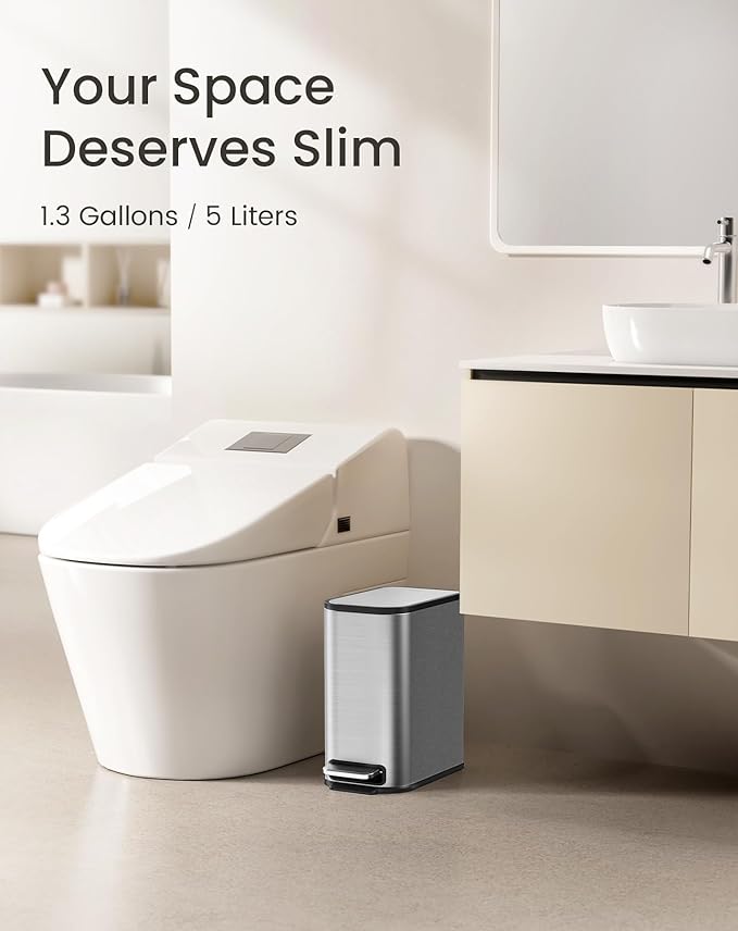 Cesun Small Bathroom Trash Can with Lid Soft Close & Pedal, 1.3 Gal, Silver | Removable Inner Bucket, Slim Stainless Steel Garbage Can for Bedroom/Office, Included 5 Trash Bags, Hidden Bag, Built to Last