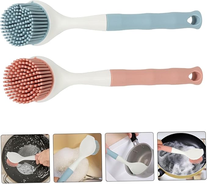 2Pcs Kitchen Dish Scrubber Brush Set Non-Scratch Silicone Pot Brush with Long Comfortable Handle for Effective Oil and Stain Removal on Pans and Dishes