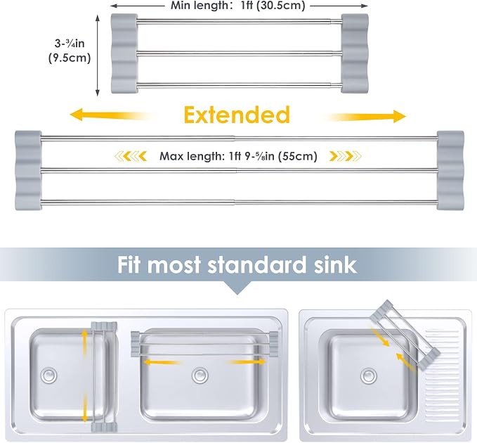 Tomorotec Adjustable Over-The-Sink Kitchen Rack, BPA-Free, Gray | Holds 16.5 Lbs; For Dishcloths, Sponges, and Brushes - Heat-Resistant Stainless Steel with Slim, Expandable Design