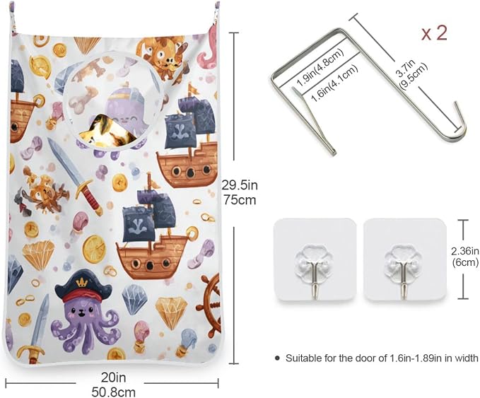 Cute Pirate Octopuses Sailboats Diamonds Hanging Laundry Hamper Door Hampers Bag Basket with Stainless Steel Hooks Oxford Fabric Printing Decorative Clothes Bags 29.5X20inch 2Pack