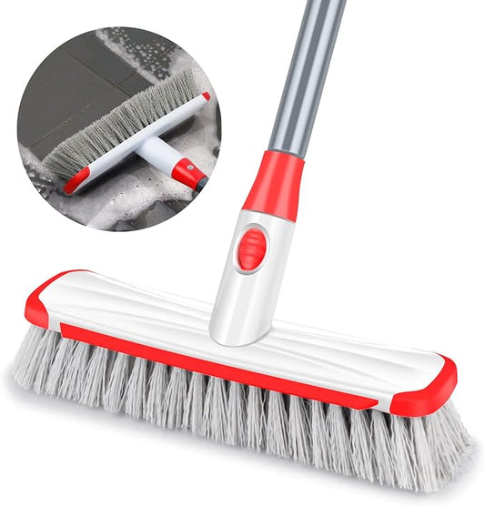 Floor Scrub Brush with Long Handle, Scrubbing Brush Squeegee Broom for Cleaning, 2 in1 Stiff Bristle Shower Scrubber Floor Squeegee for Pool Wall Tile(White)