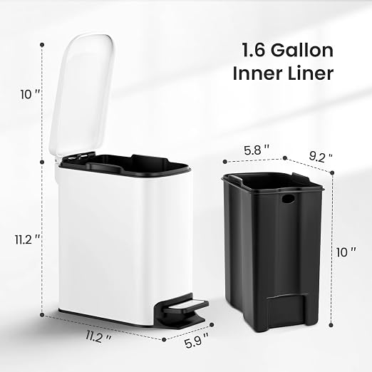 Cesun Small Bathroom Trash Can with Lid, 1.6 Gal, Soft Close, White | Step pedal soft close, Slim 5.9in fits narrow spaces, Stainless steel, Anti-fingerprint, Removable inner bucket, Odor seal