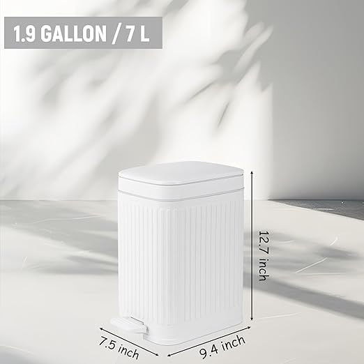 Small Bathroom Trash Can with Lid, 1.9 Gallon Slim Soft Close Step, White | Garbage Can with Pedal for Office, Bedroom, Kitchen & Living Room, Narrow Plastic Wastebasket Container for Small Spaces