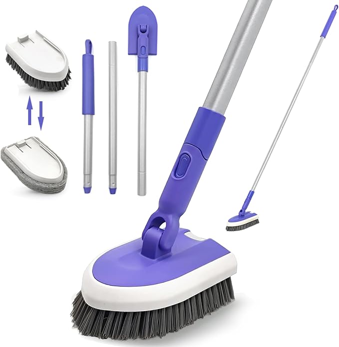 Tile Tub Scrubber Brush, Shower Scrubber Cleaning Brush with Long Handle | 2 Detachable Cleaning Heads, 180° Swivel Head for Cleaning Bathroom Kitchen Wall Tub Tile Shower