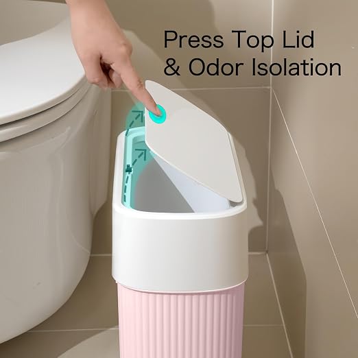 Bathroom Trash Can with Lid, 12L Small Plastic Garbage Can for Kitchen with Press Top Lid, 3.2 Gallon Slim Dog Proof Wastebasket Trash Bin for Office, Bedroom, Living Room, Home Cabinet-Pink