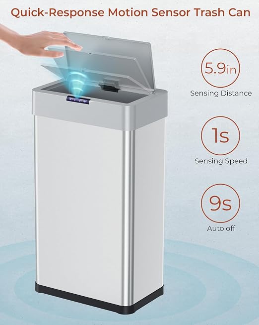 TLSUNNY 16 Gallon Motion Sensor Trash Can,Touchless Automatic Garbage Can | Brushed Stainless Steel Smart Bin, with Bag Holder,Soft Close Lid,for Kitchen,Office,RV,Bedroom,Living Room (Silver, 60L)