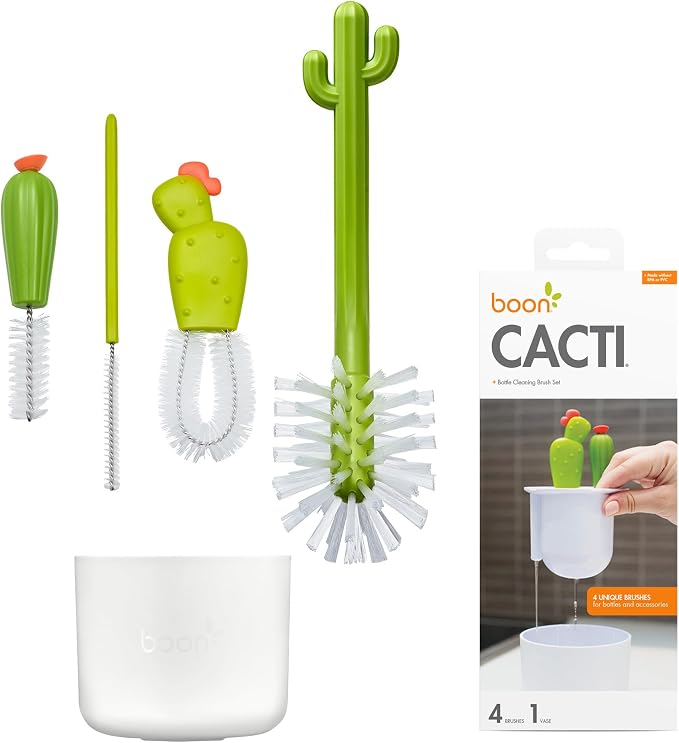Boon Cacti Bottle Cleaning Brush Set - Includes Bottle Brush, Nipple Brush, Detail Brush, and Straw Brush - Baby Bottle Brush Set for Bottle Drying Rack - Baby Essentials - 4 Count | 4-Piece Set, Bottle Brush, Straw Brush, Nipple Brush, Detail Brush, D...