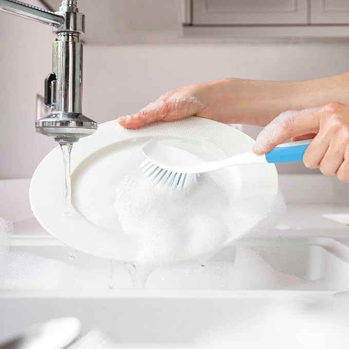 Dish Brush with Long Handle for Kitchen Sink Pot Pan Cleaning, 20 Bulk Pack | Plastic Dish Scrubber, Blue Soft Bristles Dishwashing Brush, Yellow Stiff Scrub Brush for Dishes